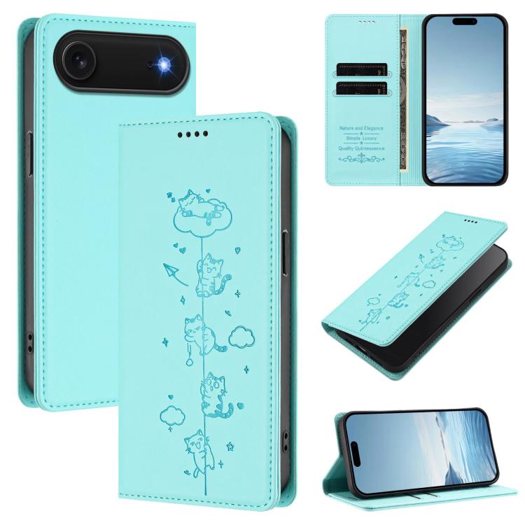 Étui de téléphone en cuir végétalien magnétique gaufré chats mignons RFID, pour iPhone Air, pour iPhone 16 Pro Max, pour iPhone 16 Pro, pour iPhone 16 Plus