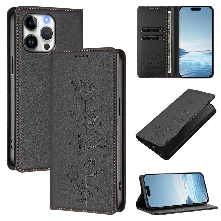 Cute Cats Embossed Magnetic RFID Vegan Leather Phone Case, For iPhone 15, For iPhone 14 Plus, For iPhone 14 / 13, For iPhone 14 Pro