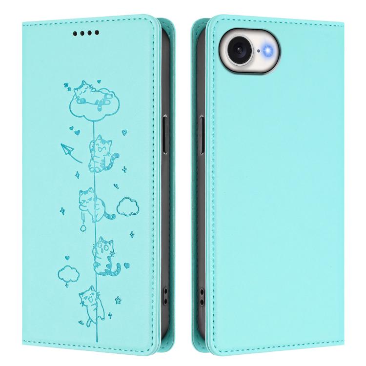 Étui de téléphone en cuir végétalien magnétique RFID gaufré chats mignons, pour iPhone 17e / 16e, pour iPhone 17 Pro Max, pour iPhone 17 Pro, pour iPhone 17