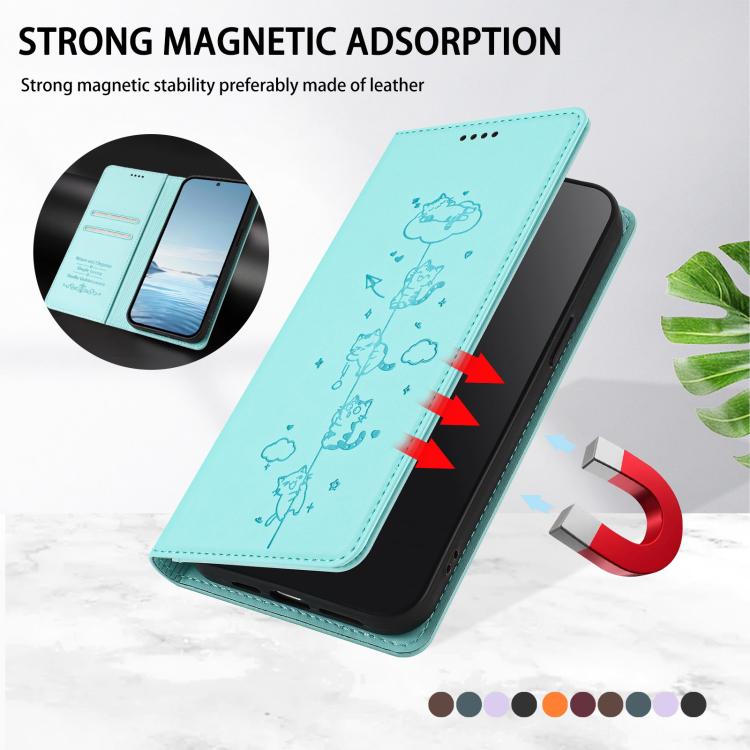 Étui de téléphone en cuir végétalien magnétique RFID gaufré chats mignons, pour iPhone 17e / 16e, pour iPhone 17 Pro Max, pour iPhone 17 Pro, pour iPhone 17
