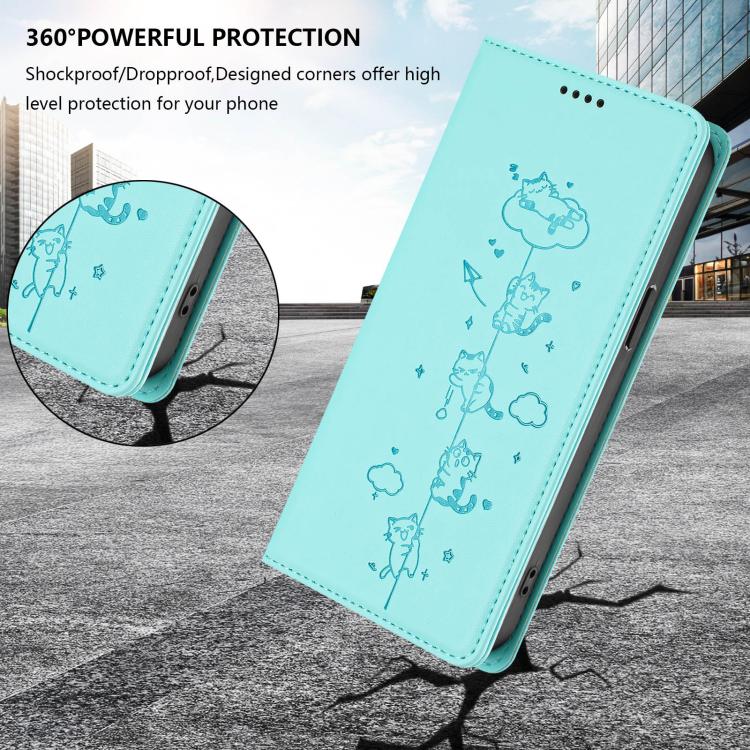 Étui de téléphone en cuir végétalien magnétique RFID gaufré chats mignons, pour iPhone 17e / 16e, pour iPhone 17 Pro Max, pour iPhone 17 Pro, pour iPhone 17