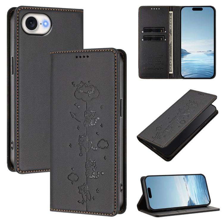 Étui de téléphone en cuir végétalien magnétique RFID gaufré chats mignons, pour iPhone 17e / 16e, pour iPhone 17 Pro Max, pour iPhone 17 Pro, pour iPhone 17