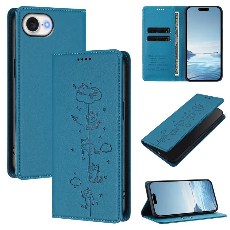 Étui de téléphone en cuir végétalien magnétique RFID gaufré chats mignons, pour iPhone 17e / 16e, pour iPhone 17 Pro Max, pour iPhone 17 Pro, pour iPhone 17