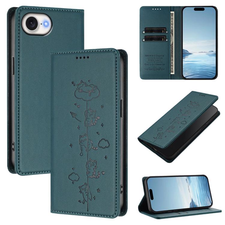 Étui de téléphone en cuir végétalien magnétique RFID gaufré chats mignons, pour iPhone 17e / 16e, pour iPhone 17 Pro Max, pour iPhone 17 Pro, pour iPhone 17