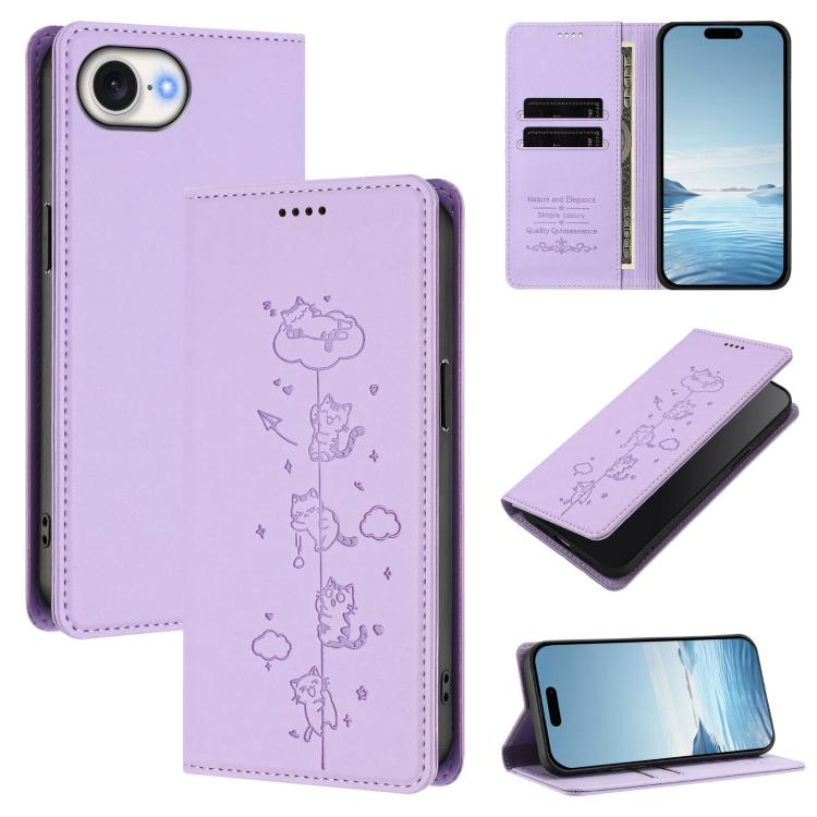 Étui de téléphone en cuir végétalien magnétique RFID gaufré chats mignons, pour iPhone 17e / 16e, pour iPhone 17 Pro Max, pour iPhone 17 Pro, pour iPhone 17