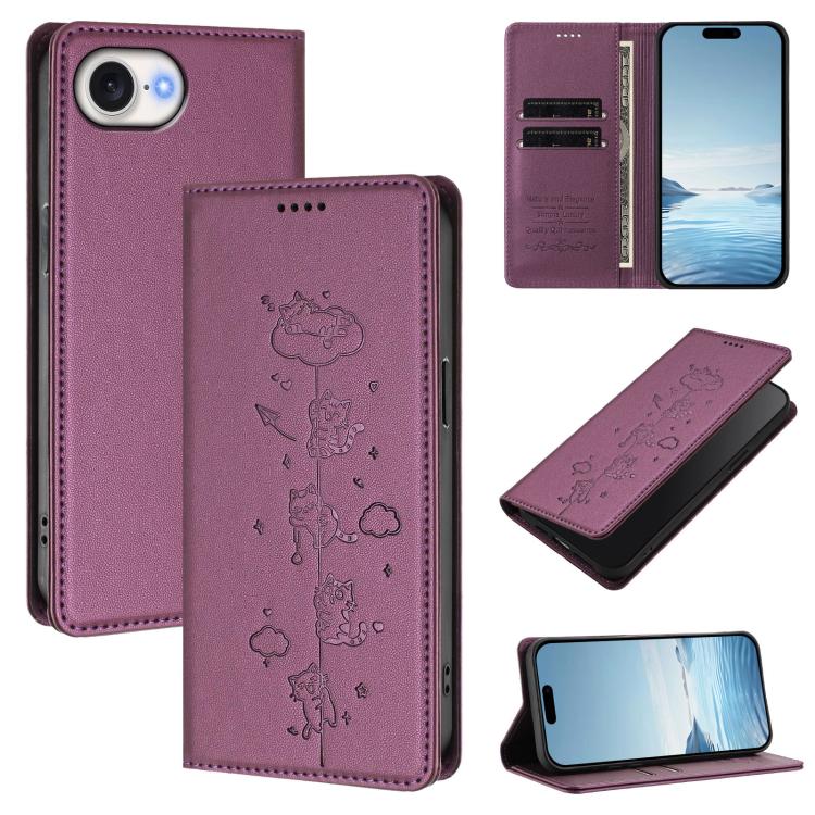 Étui de téléphone en cuir végétalien magnétique RFID gaufré chats mignons, pour iPhone 17e / 16e, pour iPhone 17 Pro Max, pour iPhone 17 Pro, pour iPhone 17