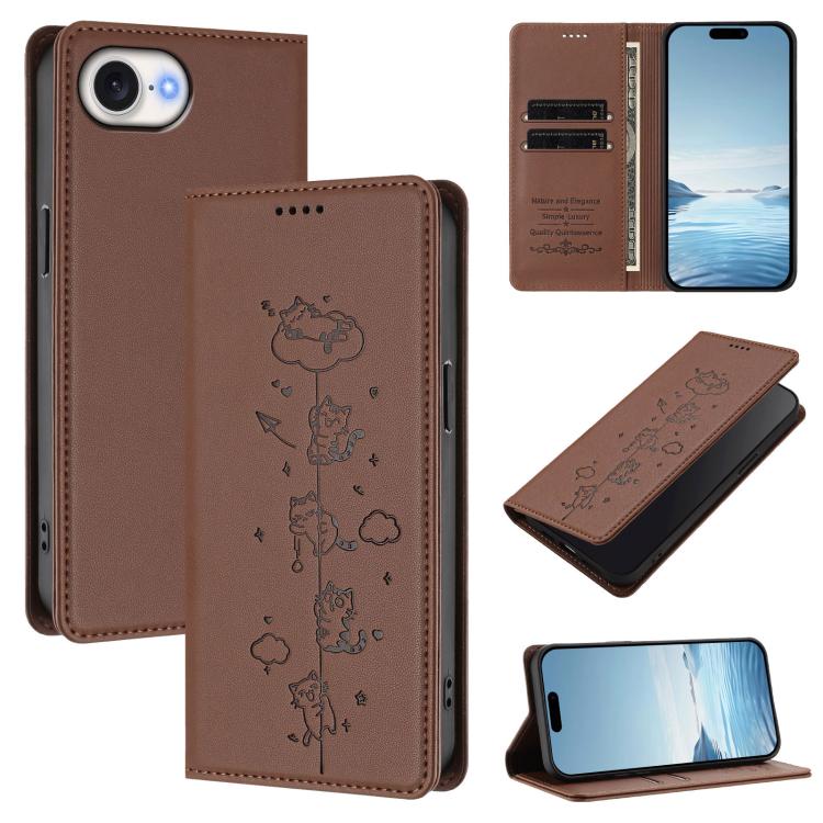 Étui de téléphone en cuir végétalien magnétique RFID gaufré chats mignons, pour iPhone 17e / 16e, pour iPhone 17 Pro Max, pour iPhone 17 Pro, pour iPhone 17