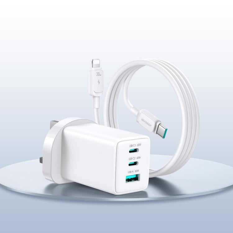 Chargeur 3 ports USB double Type-C GaN 65W JOYROOM JR-TG10 avec câble Type-C vers 8 broches, prise britannique