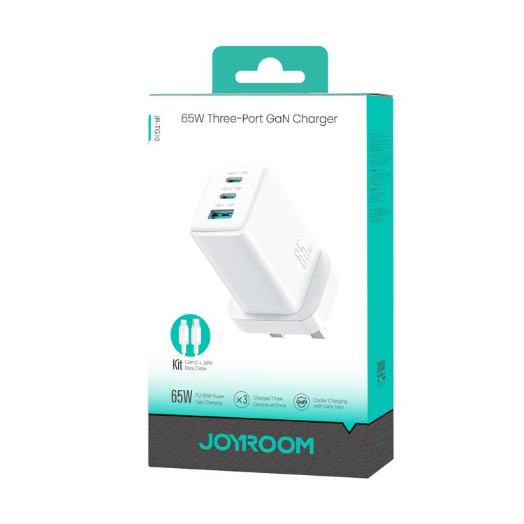 Chargeur 3 ports USB double Type-C GaN 65W JOYROOM JR-TG10 avec câble Type-C vers 8 broches, prise britannique