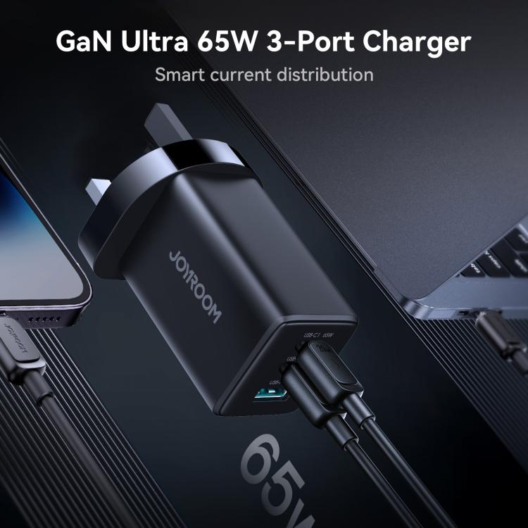 Chargeur 3 ports USB double Type-C GaN 65W JOYROOM JR-TG10 avec câble Type-C vers 8 broches, prise britannique