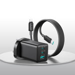 Chargeur 3 ports USB double Type-C GaN 65W JOYROOM JR-TG10 avec câble Type-C vers 8 broches, prise britannique