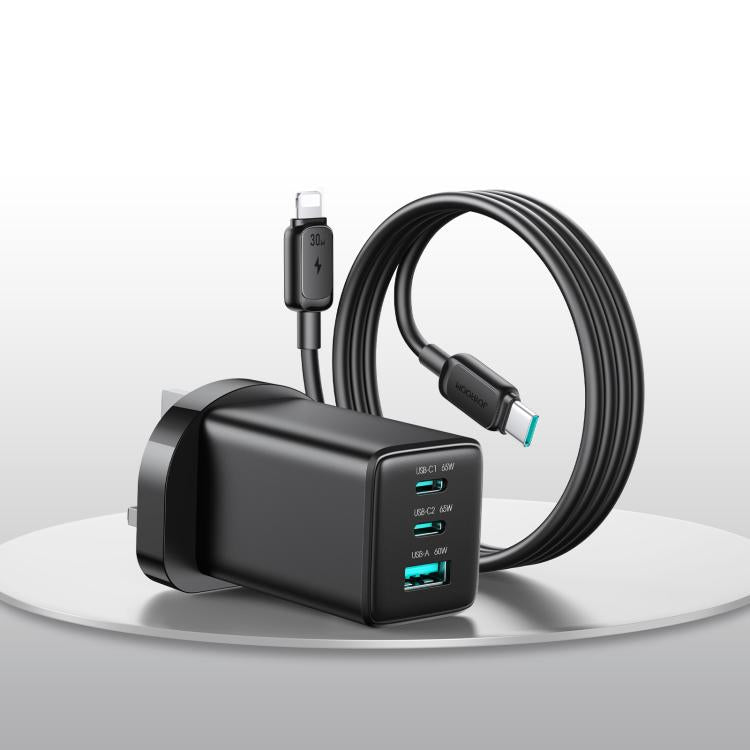 Chargeur 3 ports USB double Type-C GaN 65W JOYROOM JR-TG10 avec câble Type-C vers 8 broches, prise britannique