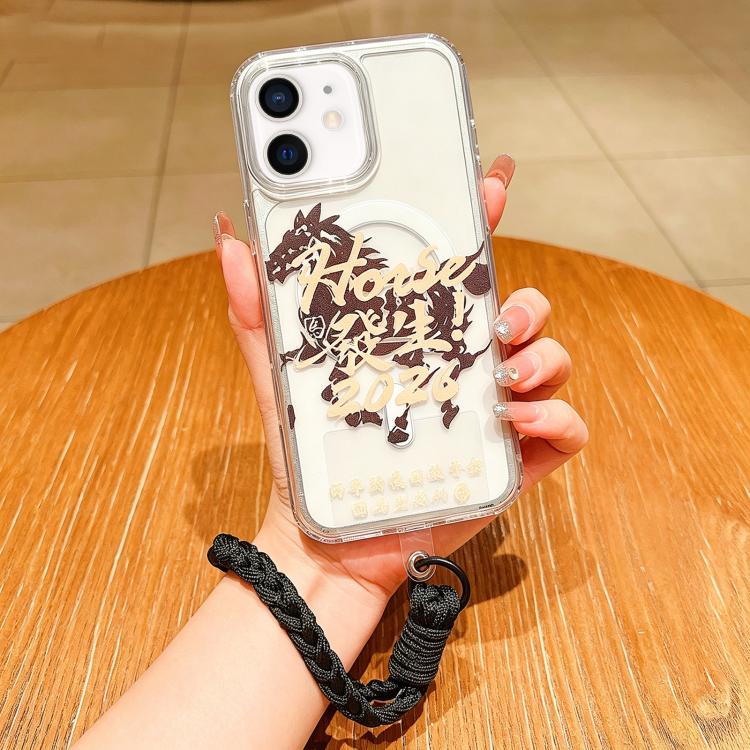 Coque de téléphone magnétique à couverture totale en acrylique Année du cheval avec lanière, pour iPhone 13, pour iPhone 12, pour iPhone 12 Pro Max, pour iPhone 12 Pro