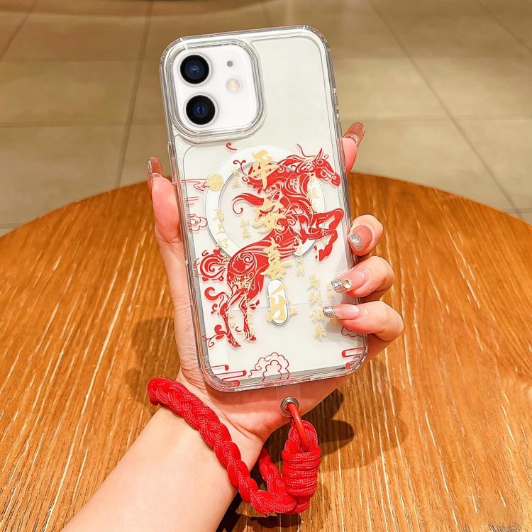 Coque de téléphone magnétique à couverture totale en acrylique Année du cheval avec lanière, pour iPhone 13, pour iPhone 12, pour iPhone 12 Pro Max, pour iPhone 12 Pro