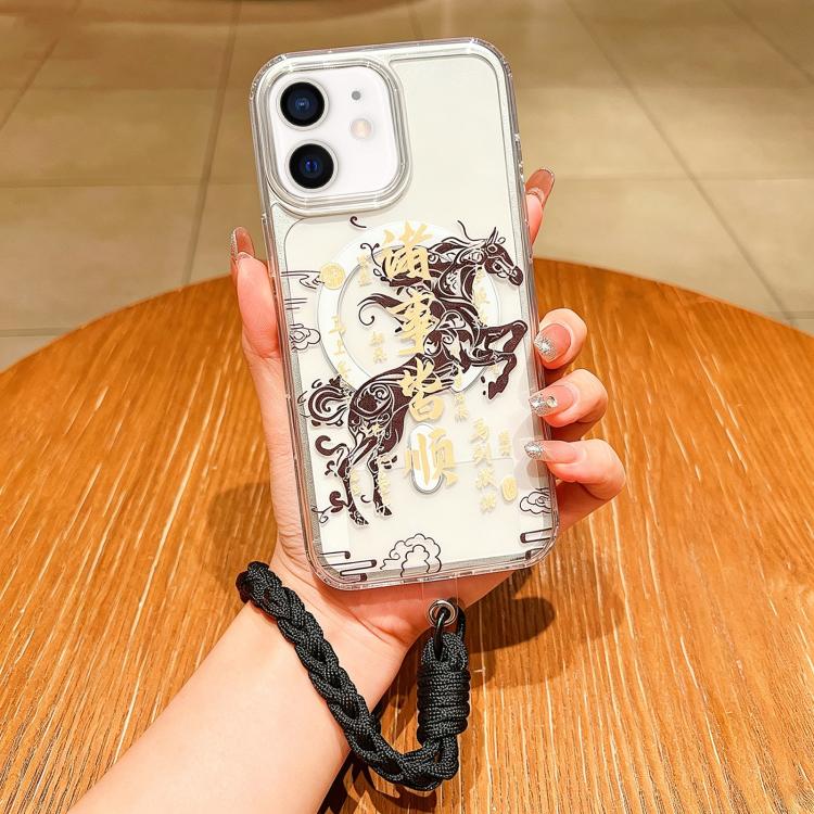 Coque de téléphone magnétique à couverture totale en acrylique Année du cheval avec lanière, pour iPhone 13, pour iPhone 12, pour iPhone 12 Pro Max, pour iPhone 12 Pro