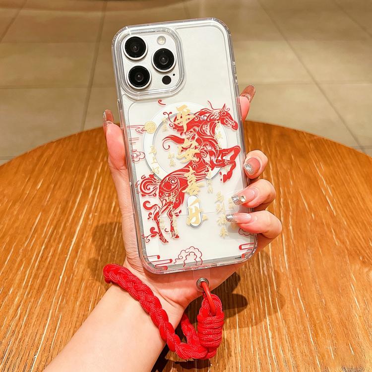Coque de téléphone magnétique à couverture totale en acrylique Année du cheval avec lanière, pour iPhone 13, pour iPhone 12, pour iPhone 12 Pro Max, pour iPhone 12 Pro