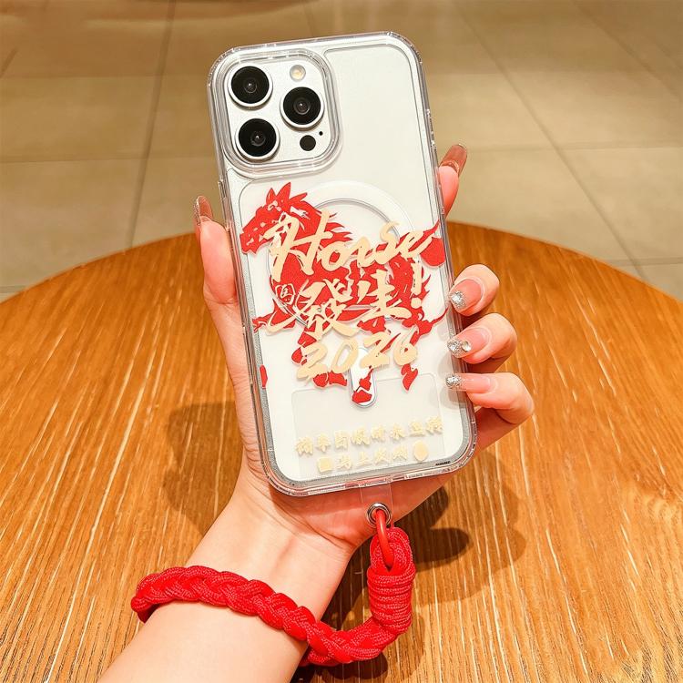 Coque de téléphone magnétique à couverture totale en acrylique Année du cheval avec lanière, pour iPhone 13, pour iPhone 12, pour iPhone 12 Pro Max, pour iPhone 12 Pro