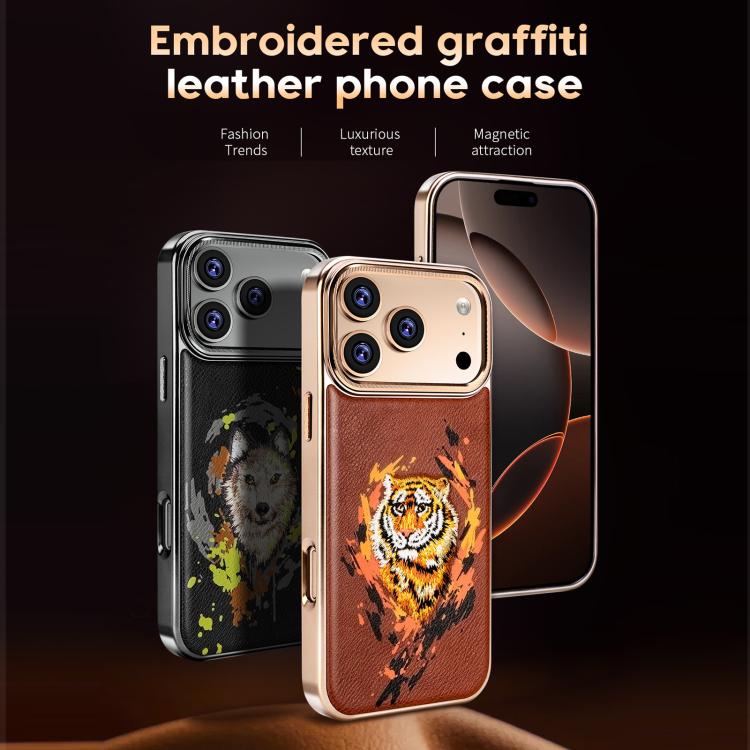 Coque de téléphone magnétique électroplaquée en cuir vegan brodée de graffitis, pour iPhone 14 Plus, pour iPhone 14, pour iPhone 14 Pro, pour iPhone 14 Pro Max