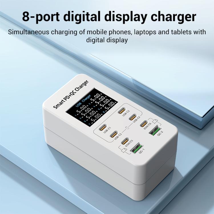 Chargeur multi-ports de bureau A8C avec 2 ports USB-A et 6 ports USB-C / Type-C et affichage numérique, prise US, prise EU, prise UK, prise AU