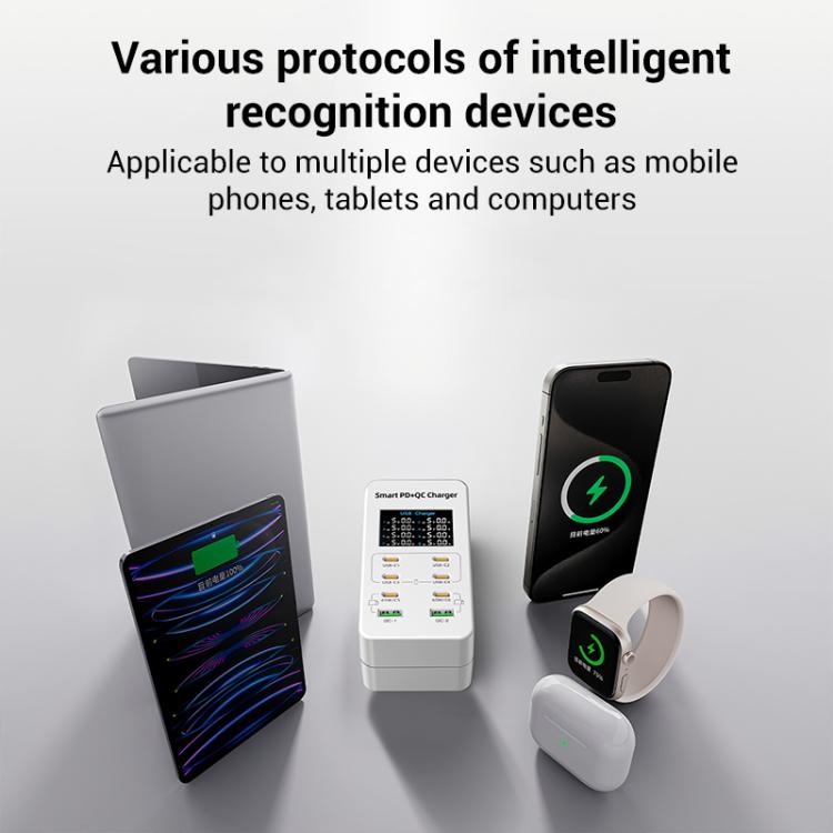 Chargeur multi-ports de bureau A8C avec 2 ports USB-A et 6 ports USB-C / Type-C et affichage numérique, prise US, prise EU, prise UK, prise AU