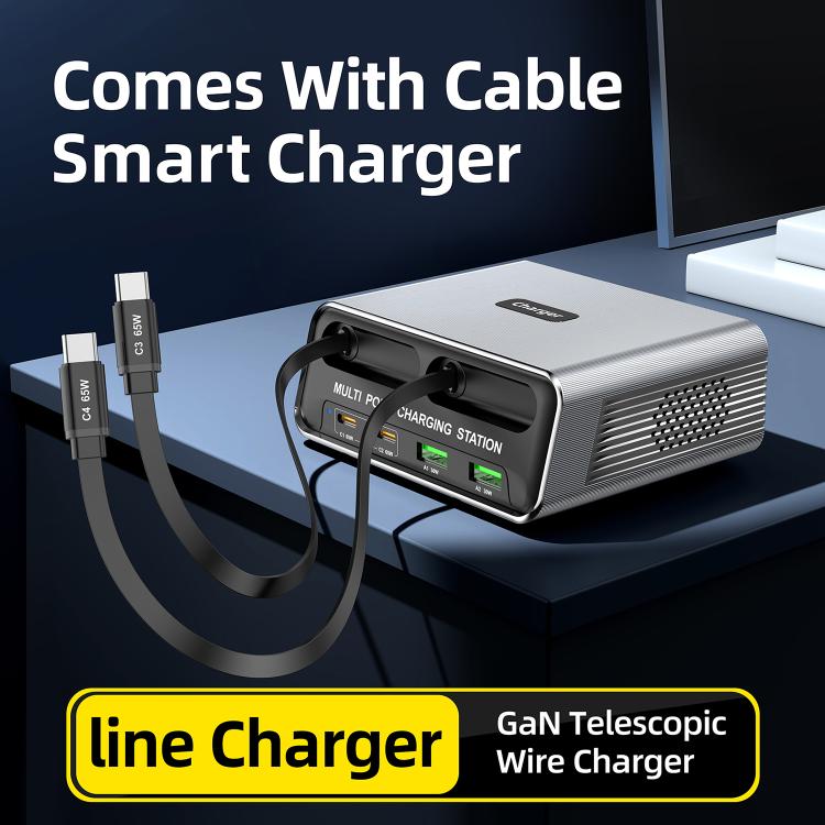 WXL-60C Station de charge de bureau multi-ports 6 en 1 avec deux câbles télescopiques intégrés, WXL-60C