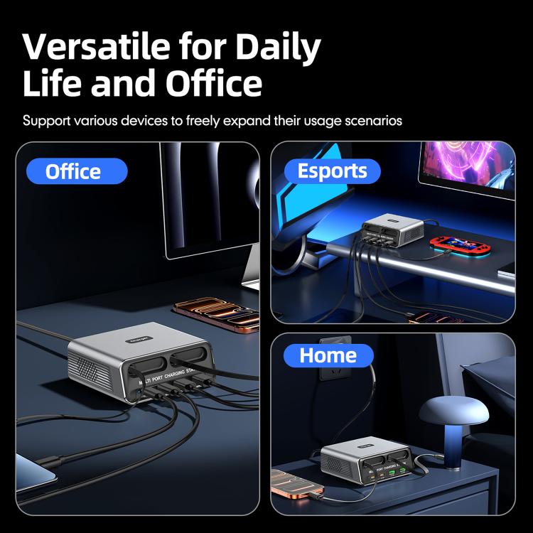 WXL-60C Station de charge de bureau multi-ports 6 en 1 avec deux câbles télescopiques intégrés, WXL-60C