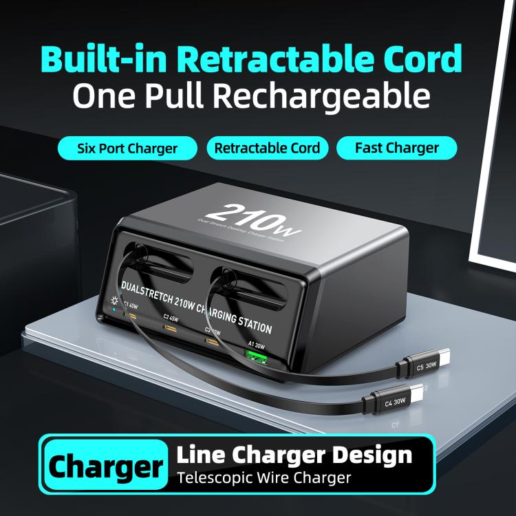 WXL-60E 210W 6-in-1 Desktop Multi Ports Charging Station Built-in Dual Telescopic Cables, WXL-60E