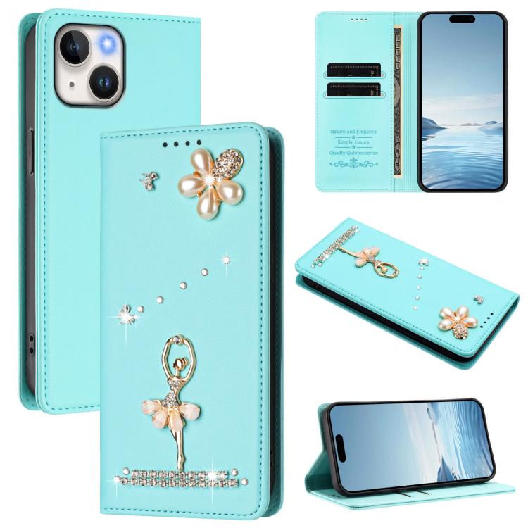 Étui de téléphone en cuir végétalien clouté de diamants motif ballerine avec RFID, pour iPhone 15, pour iPhone 14 Plus, pour iPhone 14 / 13, pour iPhone 14 Pro, pour iPhone 14 Pro Max, pour iPhone 13 Pro Max