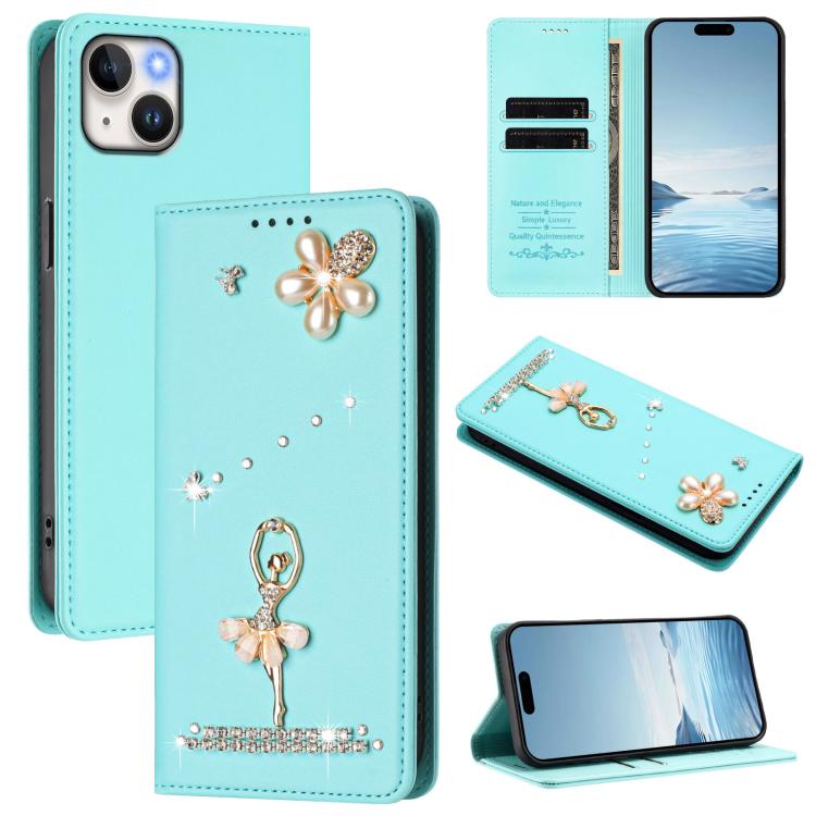 Étui de téléphone en cuir végétalien clouté de diamants motif ballerine avec protection RFID, Pour iPhone 16 Pro, Pour iPhone 16 Plus, Pour iPhone 16, Pour iPhone 15 Pro Max, Pour iPhone 15 Pro, Pour iPhone 15 Plus