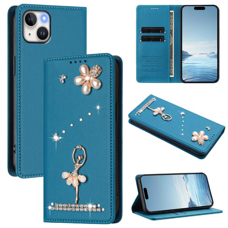 Étui de téléphone en cuir végétalien clouté de diamants motif ballerine avec protection RFID, Pour iPhone 16 Pro, Pour iPhone 16 Plus, Pour iPhone 16, Pour iPhone 15 Pro Max, Pour iPhone 15 Pro, Pour iPhone 15 Plus