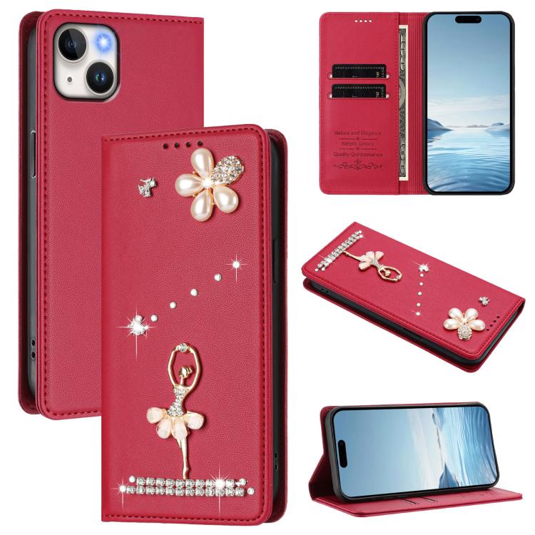Étui de téléphone en cuir végétalien clouté de diamants motif ballerine avec protection RFID, Pour iPhone 16 Pro, Pour iPhone 16 Plus, Pour iPhone 16, Pour iPhone 15 Pro Max, Pour iPhone 15 Pro, Pour iPhone 15 Plus