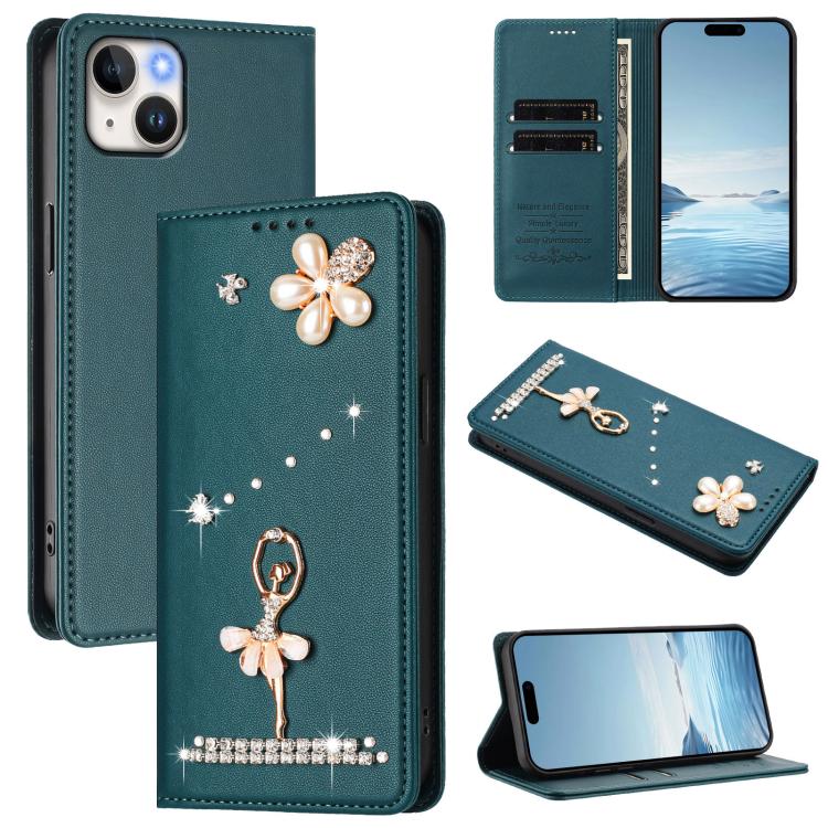 Étui de téléphone en cuir végétalien clouté de diamants motif ballerine avec protection RFID, Pour iPhone 16 Pro, Pour iPhone 16 Plus, Pour iPhone 16, Pour iPhone 15 Pro Max, Pour iPhone 15 Pro, Pour iPhone 15 Plus