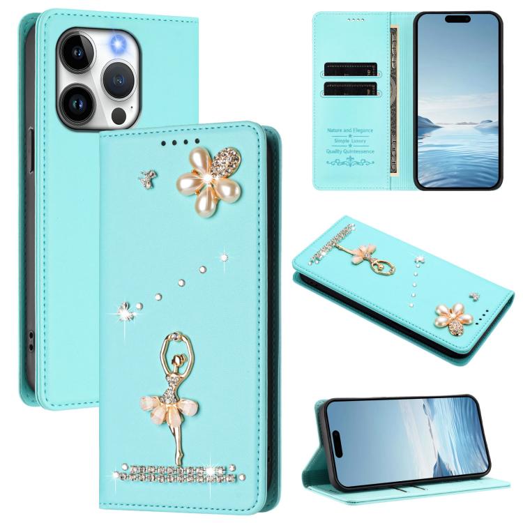 Étui de téléphone en cuir végétalien clouté de diamants motif ballerine avec protection RFID, Pour iPhone 16 Pro, Pour iPhone 16 Plus, Pour iPhone 16, Pour iPhone 15 Pro Max, Pour iPhone 15 Pro, Pour iPhone 15 Plus