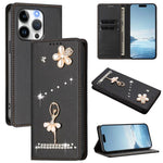 Étui de téléphone en cuir végétalien clouté de diamants motif ballerine avec protection RFID, Pour iPhone 16 Pro, Pour iPhone 16 Plus, Pour iPhone 16, Pour iPhone 15 Pro Max, Pour iPhone 15 Pro, Pour iPhone 15 Plus