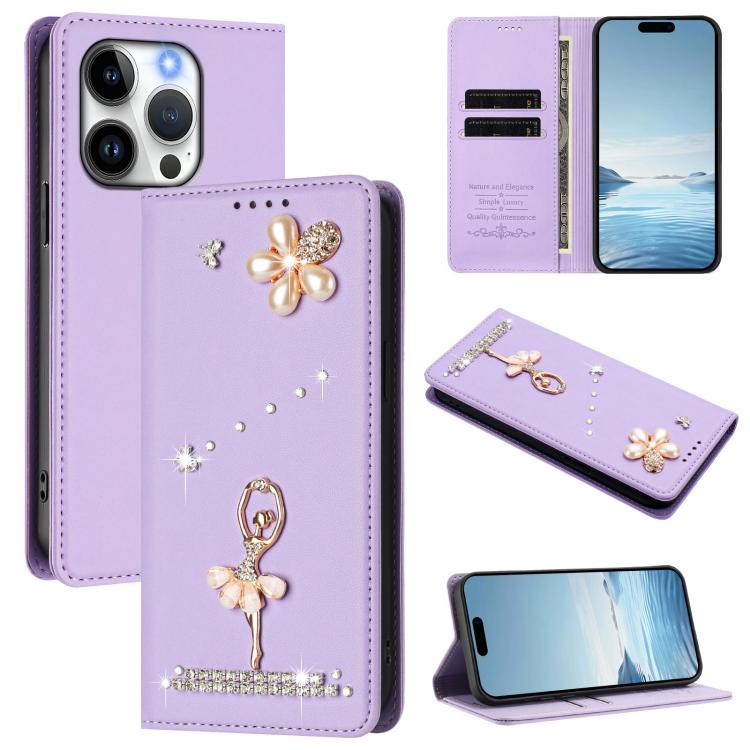 Étui de téléphone en cuir végétalien clouté de diamants motif ballerine avec protection RFID, Pour iPhone 16 Pro, Pour iPhone 16 Plus, Pour iPhone 16, Pour iPhone 15 Pro Max, Pour iPhone 15 Pro, Pour iPhone 15 Plus
