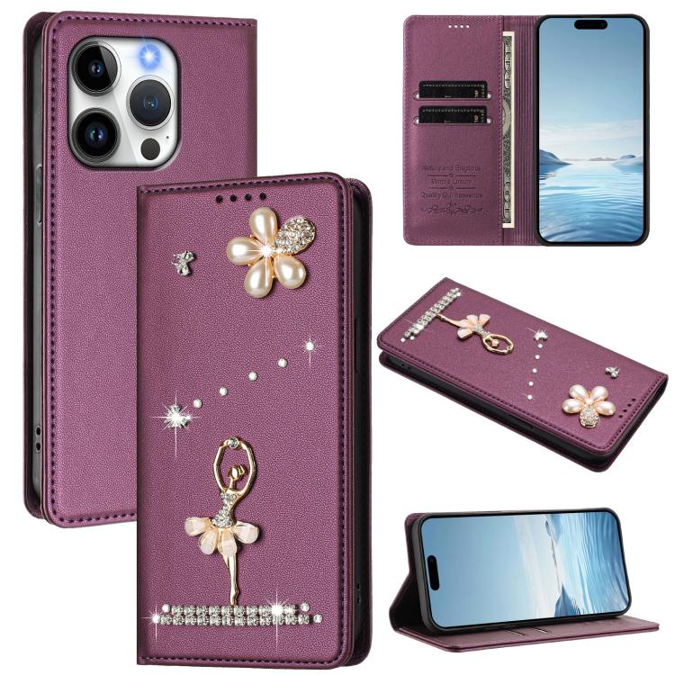 Étui de téléphone en cuir végétalien clouté de diamants motif ballerine avec protection RFID, Pour iPhone 16 Pro, Pour iPhone 16 Plus, Pour iPhone 16, Pour iPhone 15 Pro Max, Pour iPhone 15 Pro, Pour iPhone 15 Plus