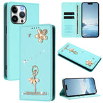 Étui de téléphone en cuir végétalien clouté de diamants motif ballerine avec protection RFID, Pour iPhone 16 Pro, Pour iPhone 16 Plus, Pour iPhone 16, Pour iPhone 15 Pro Max, Pour iPhone 15 Pro, Pour iPhone 15 Plus