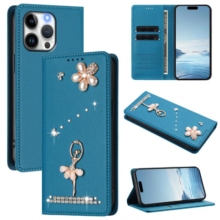 Étui de téléphone en cuir végétalien clouté de diamants motif ballerine avec protection RFID, Pour iPhone 16 Pro, Pour iPhone 16 Plus, Pour iPhone 16, Pour iPhone 15 Pro Max, Pour iPhone 15 Pro, Pour iPhone 15 Plus