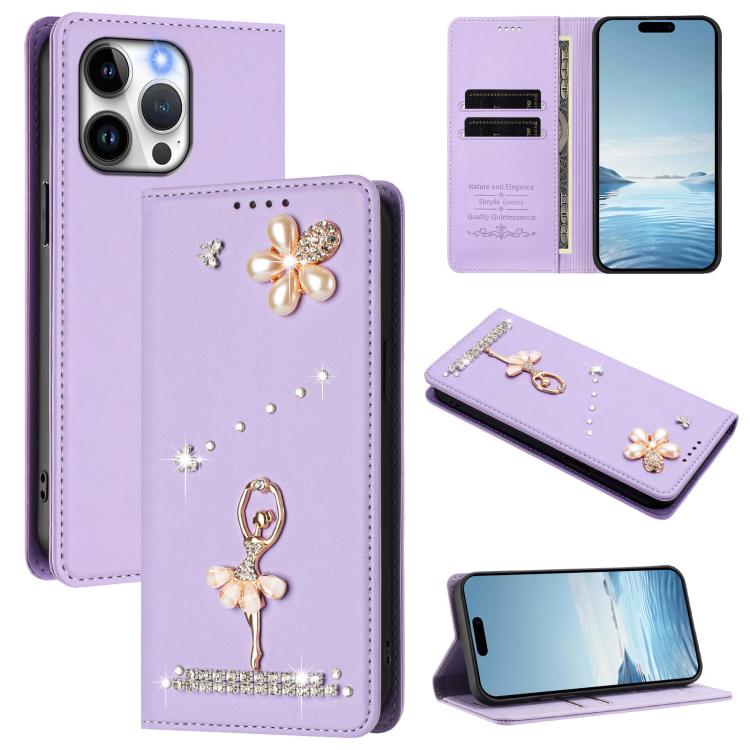 Étui de téléphone en cuir végétalien clouté de diamants motif ballerine avec protection RFID, Pour iPhone 16 Pro, Pour iPhone 16 Plus, Pour iPhone 16, Pour iPhone 15 Pro Max, Pour iPhone 15 Pro, Pour iPhone 15 Plus