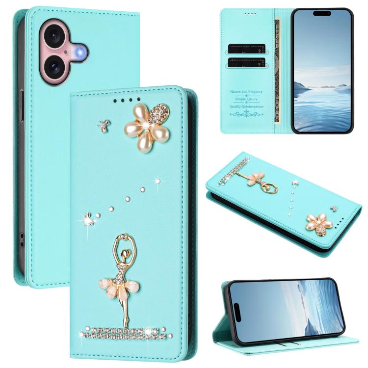Étui de téléphone en cuir végétalien clouté de diamants motif ballerine avec protection RFID, Pour iPhone 16 Pro, Pour iPhone 16 Plus, Pour iPhone 16, Pour iPhone 15 Pro Max, Pour iPhone 15 Pro, Pour iPhone 15 Plus