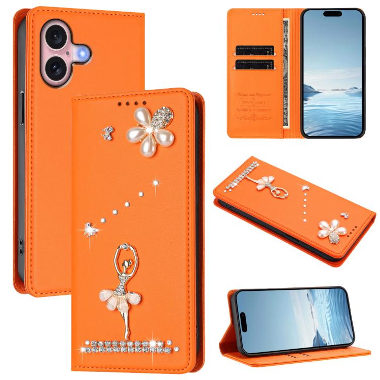 Étui de téléphone en cuir végétalien clouté de diamants motif ballerine avec protection RFID, Pour iPhone 16 Pro, Pour iPhone 16 Plus, Pour iPhone 16, Pour iPhone 15 Pro Max, Pour iPhone 15 Pro, Pour iPhone 15 Plus