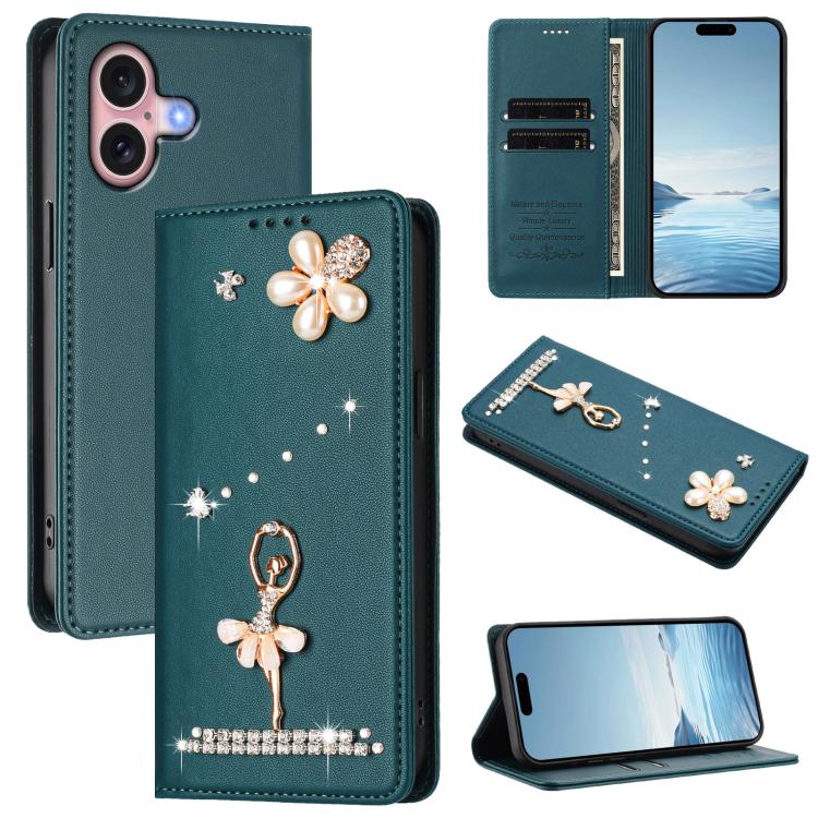 Étui de téléphone en cuir végétalien clouté de diamants motif ballerine avec protection RFID, Pour iPhone 16 Pro, Pour iPhone 16 Plus, Pour iPhone 16, Pour iPhone 15 Pro Max, Pour iPhone 15 Pro, Pour iPhone 15 Plus