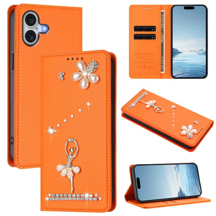 Étui de téléphone en cuir végétalien clouté de diamants motif ballerine avec protection RFID, Pour iPhone 16 Pro, Pour iPhone 16 Plus, Pour iPhone 16, Pour iPhone 15 Pro Max, Pour iPhone 15 Pro, Pour iPhone 15 Plus