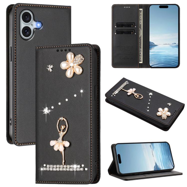 Étui de téléphone en cuir végétalien clouté de diamants motif ballerine avec protection RFID, Pour iPhone 16 Pro, Pour iPhone 16 Plus, Pour iPhone 16, Pour iPhone 15 Pro Max, Pour iPhone 15 Pro, Pour iPhone 15 Plus