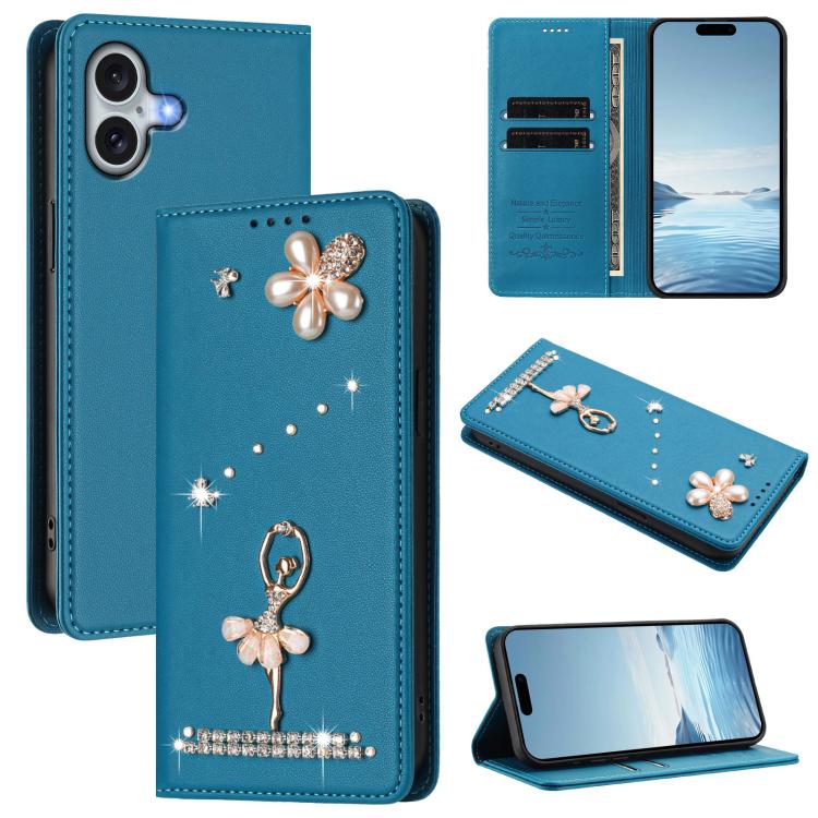Étui de téléphone en cuir végétalien clouté de diamants motif ballerine avec protection RFID, Pour iPhone 16 Pro, Pour iPhone 16 Plus, Pour iPhone 16, Pour iPhone 15 Pro Max, Pour iPhone 15 Pro, Pour iPhone 15 Plus