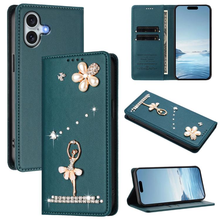 Étui de téléphone en cuir végétalien clouté de diamants motif ballerine avec protection RFID, Pour iPhone 16 Pro, Pour iPhone 16 Plus, Pour iPhone 16, Pour iPhone 15 Pro Max, Pour iPhone 15 Pro, Pour iPhone 15 Plus