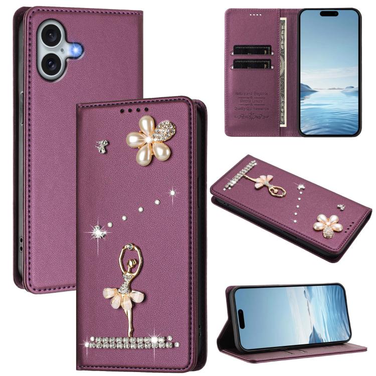 Étui de téléphone en cuir végétalien clouté de diamants motif ballerine avec protection RFID, Pour iPhone 16 Pro, Pour iPhone 16 Plus, Pour iPhone 16, Pour iPhone 15 Pro Max, Pour iPhone 15 Pro, Pour iPhone 15 Plus