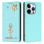 Étui de téléphone en cuir végétalien clouté de diamants motif ballerine avec protection RFID, Pour iPhone 16 Pro, Pour iPhone 16 Plus, Pour iPhone 16, Pour iPhone 15 Pro Max, Pour iPhone 15 Pro, Pour iPhone 15 Plus