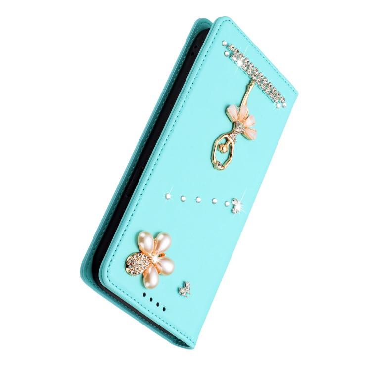Étui de téléphone en cuir végétalien clouté de diamants motif ballerine avec protection RFID, Pour iPhone 16 Pro, Pour iPhone 16 Plus, Pour iPhone 16, Pour iPhone 15 Pro Max, Pour iPhone 15 Pro, Pour iPhone 15 Plus