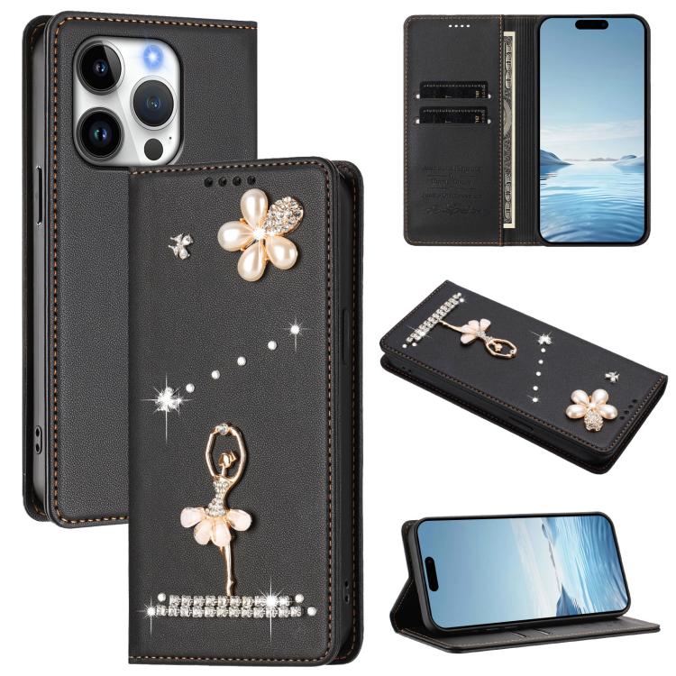 Étui de téléphone en cuir végétalien clouté de diamants motif ballerine avec protection RFID, Pour iPhone 16 Pro, Pour iPhone 16 Plus, Pour iPhone 16, Pour iPhone 15 Pro Max, Pour iPhone 15 Pro, Pour iPhone 15 Plus